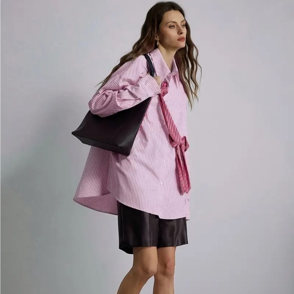 Bow Detail Oversized Striped Shirt Blouse - Picture 3 of 10